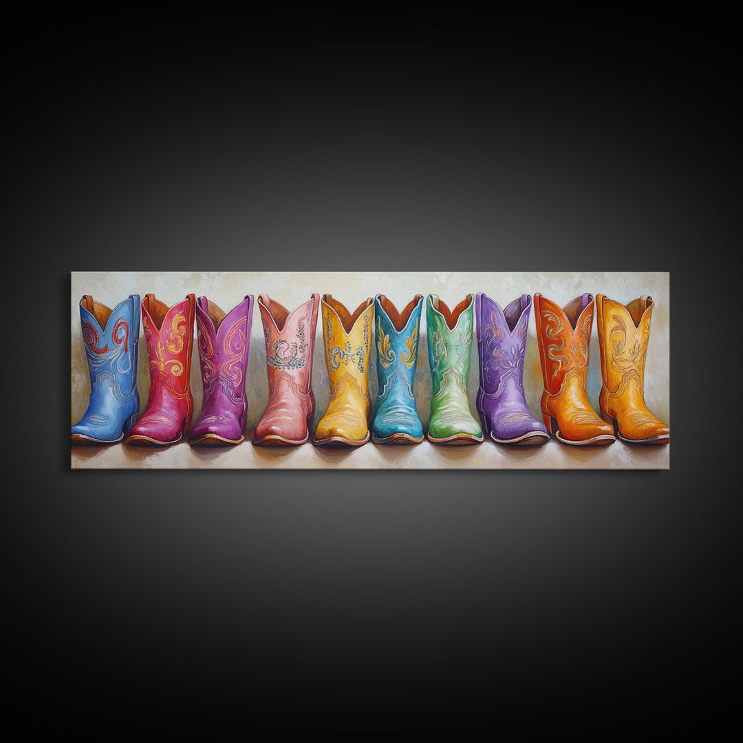 Bright Embroidered Cowboy Boots Canvas Print, Western Wall Art, Cowgirl Home Decor, Colorful Boho Bedroom Housewarming Gift