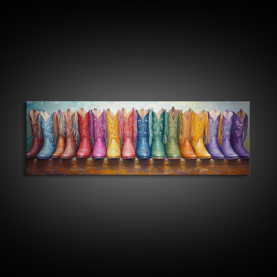 Panoramic Rainbow Cowboy Boots Wall Art, Long Horizontal Canvas Print For Western Decor, Cowgirl Ranch Home Accent Gift Idea