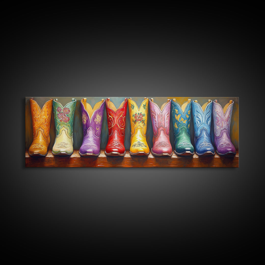 Glossy Embroidered Cowgirl Boots Canvas Print, Colorful Western Wall Art, Rodeo Room Decor, Boho Ranch Housewarming Gift Idea