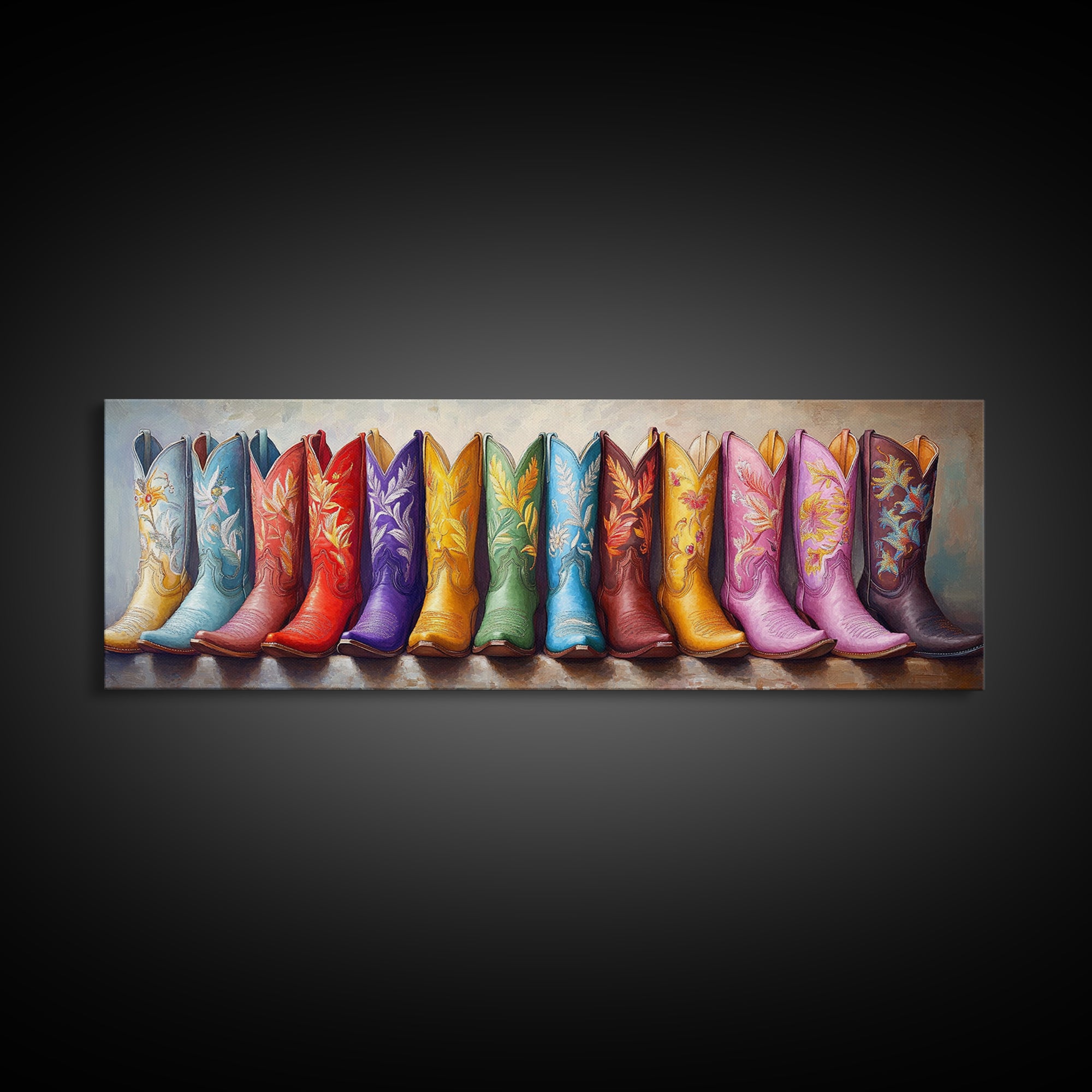 Tall Rainbow Cowboy Boots Wall Art, Western Decor, Colorful Cowgirl Canvas Print, Rustic Farmhouse Living Room Art Gift Idea
