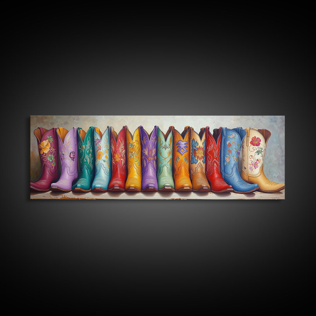 Colorful Embroidered Cowboy Boots Wall Art, Western Cowgirl Decor, Boho Ranch Living Room Print, Rustic Housewarming Gift