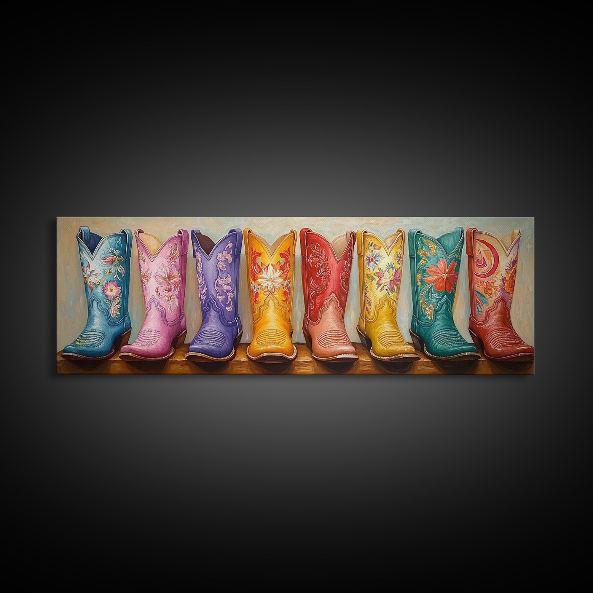 Pastel Embroidered Cowboy Boots Framed Canvas Print, Western Cowgirl Wall Decor, Floral Ranch Art, Boho Housewarming Gift