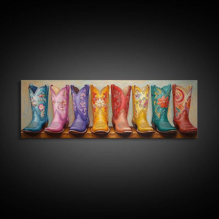 Pastel Embroidered Cowboy Boots Framed Canvas Print, Western Cowgirl Wall Decor, Floral Ranch Art, Boho Housewarming Gift