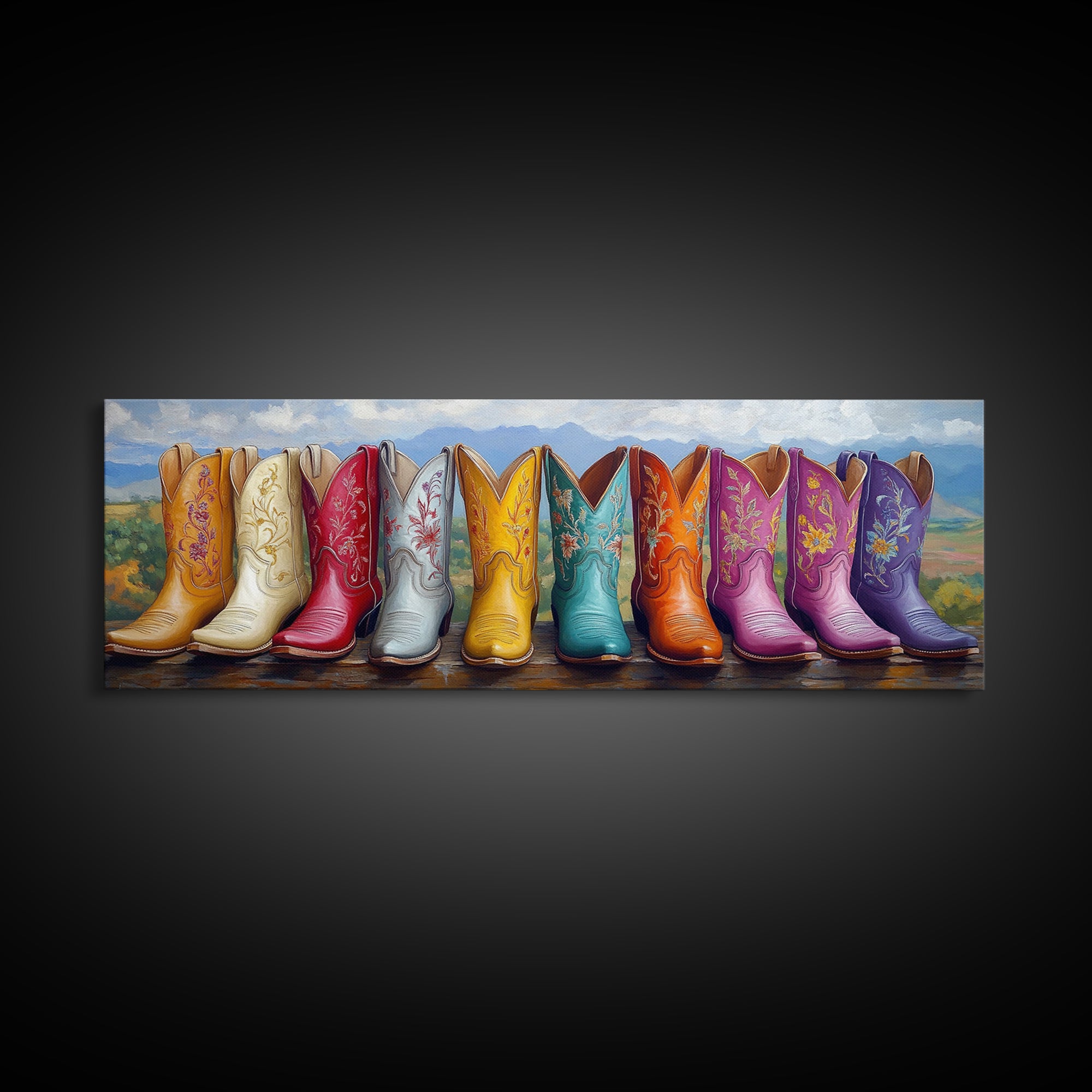 Mountain Row Cowboy Boots Wall Art, Western Cowgirl Decor, Southwestern Landscape Print, Rustic Ranch Housewarming Gift For Her