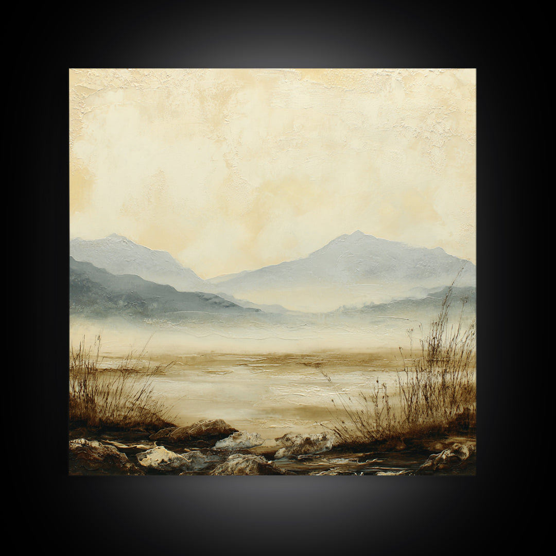 Panoramic Misty Mountain Landscape Framed Canvas Print, Above Bed Art, Bedroom Wall Art, Bedroom Decor, Fine Art, Serenity, ABA-1x1-1