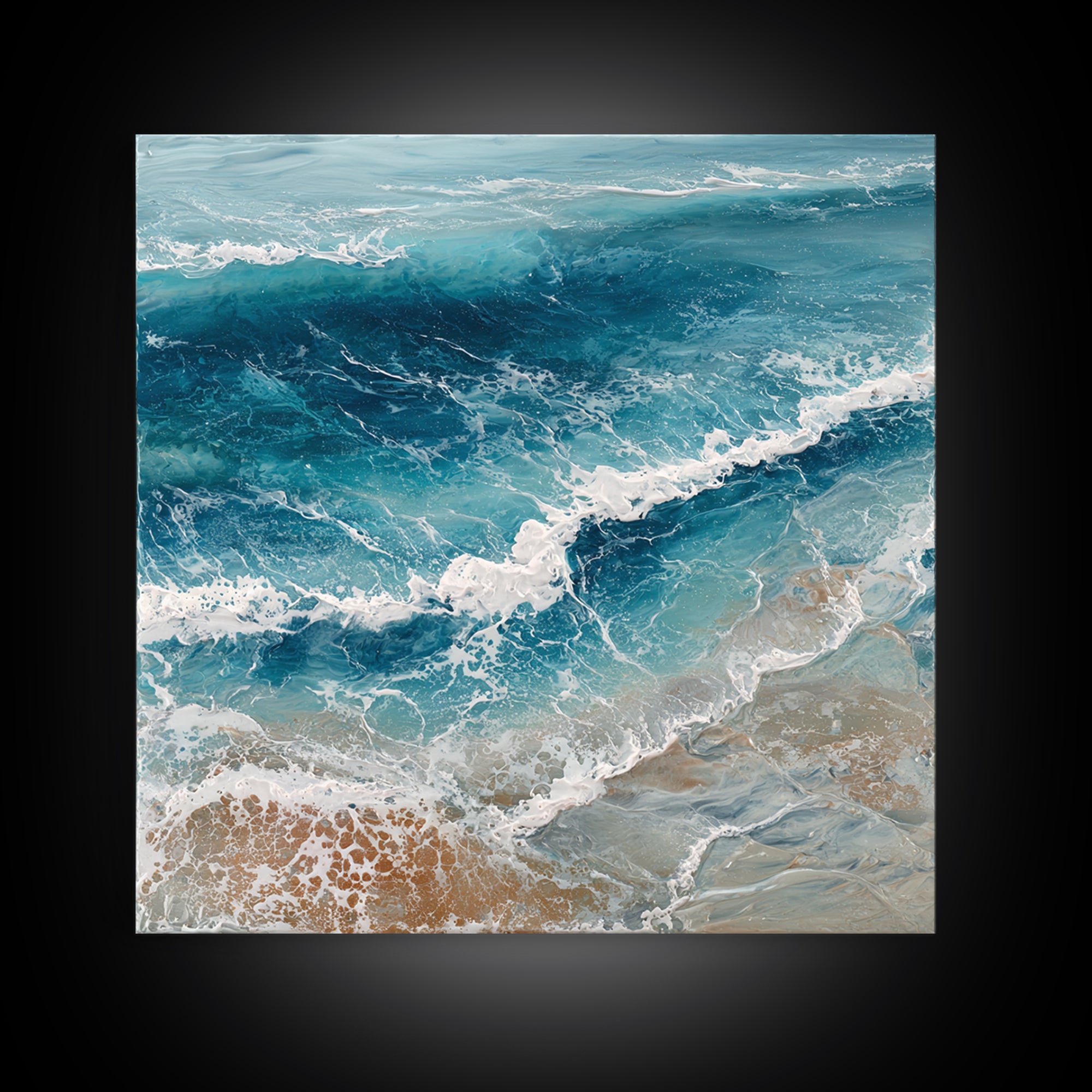 Serene Ocean Tide Seen from Above Framed Canvas Print, Above Bed Art, Photography Prints, Bedroom Decor, Oil Painting, Serenity, ABA-1x1-21