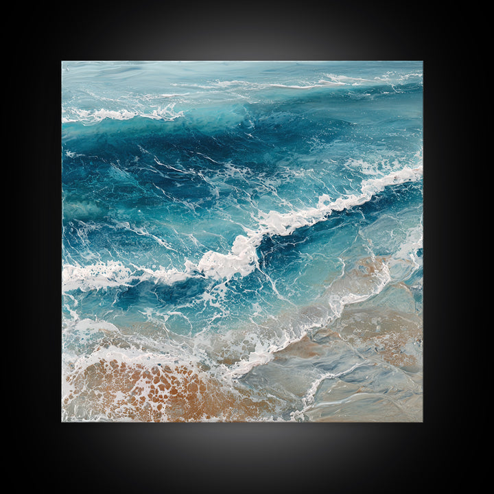 Serene Ocean Tide Seen from Above Framed Canvas Print, Above Bed Art, Photography Prints, Bedroom Decor, Oil Painting, Serenity, ABA-1x1-21