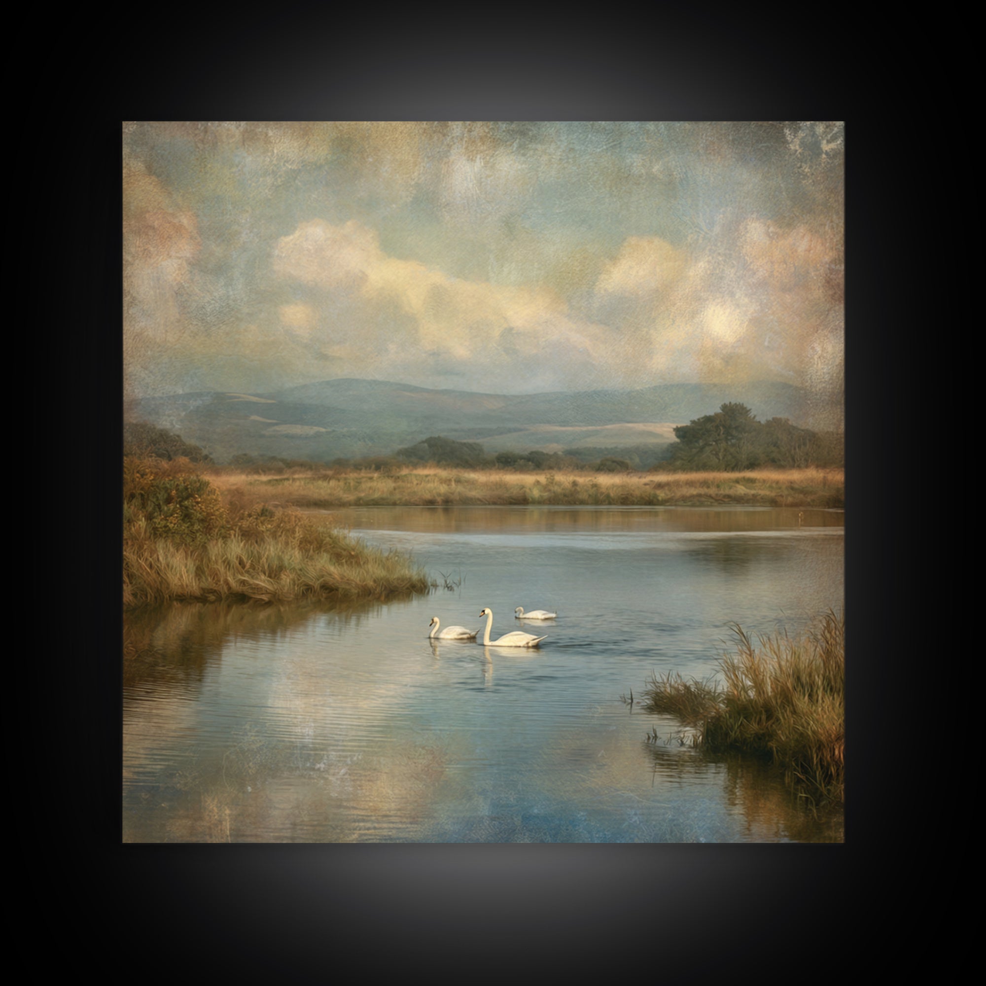 Paired Swans in a Dreamy Painterly Lake Canvas Print, Above Bed Art, Boho Wall Art, Bedroom Decor, Fine Art, Serenity, ABA-1x1-22