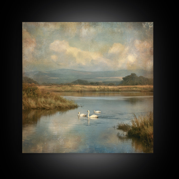 Paired Swans in a Dreamy Painterly Lake Canvas Print, Above Bed Art, Boho Wall Art, Bedroom Decor, Fine Art, Serenity, ABA-1x1-22