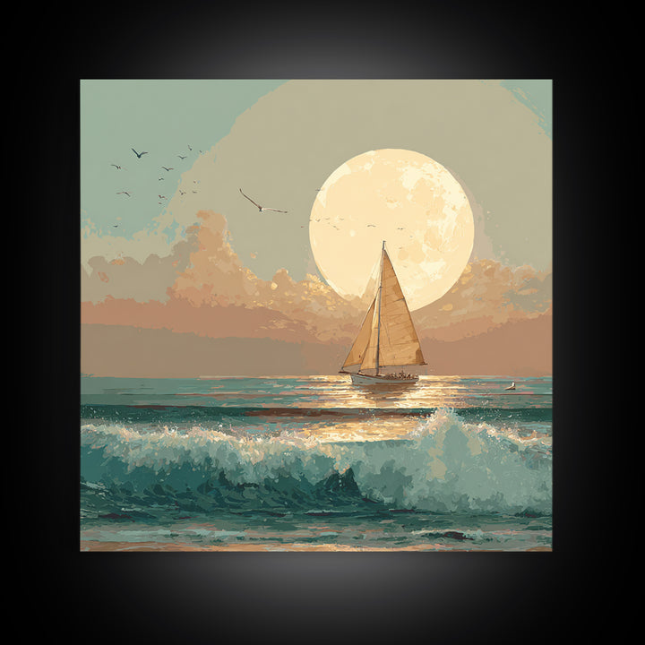 Quiet Moon over a Calm Ocean Horizon Framed Canvas Print, Above Bed Art, Living Room Decor, Bedroom Decor, Oil Painting, ABA-1x1-27