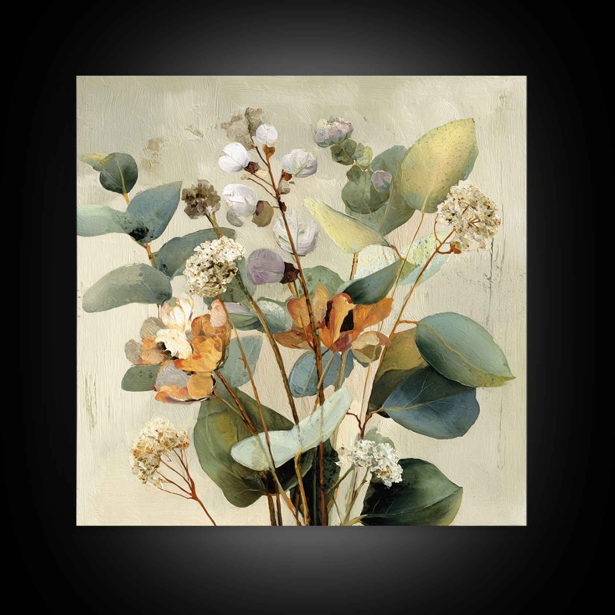 Soft Eucalyptus Branches Arranged Symmetrically Canvas Print, Above Bed Art, Living Room Wall Art, Bedroom Decor, Serenity, ABA-1x1-30