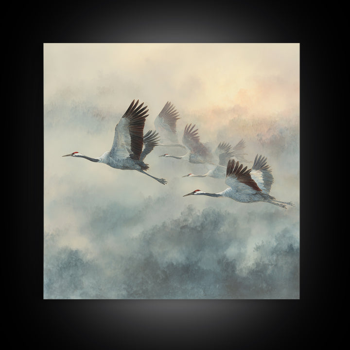Ethereal Cranes Flying Through Pale Morning Mist Canvas Print, Above Bed Art, Fine Art Print, Bedroom Decor, Serenity, ABA-1x1-33