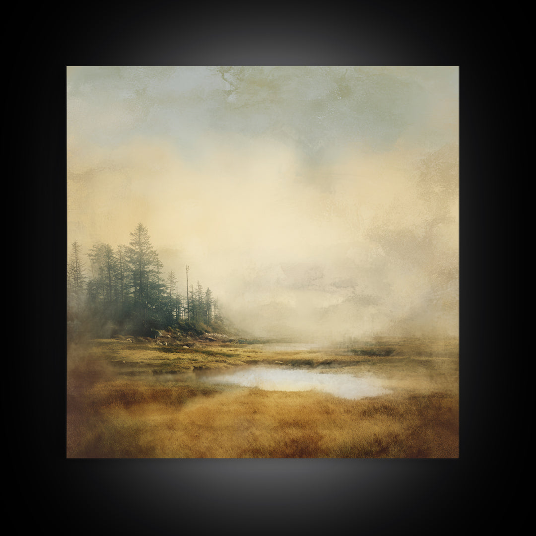 Quiet Forest Ridge Softened by Fog Framed Canvas Print, Above Bed Art, Bedroom Wall Art, Bedroom Decor, Fine Art, Serenity, ABA-1x1-38