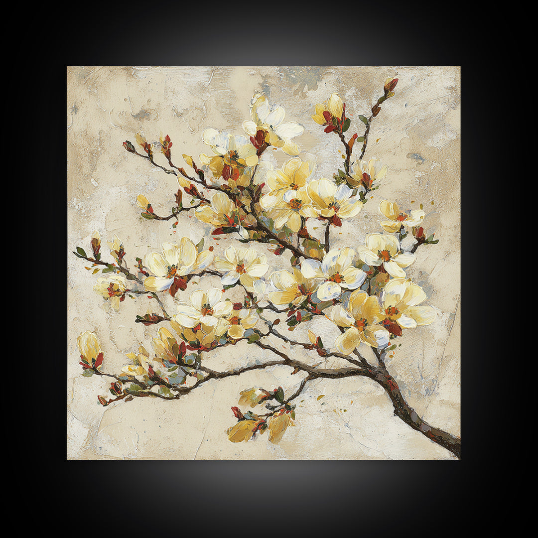 Delicate Magnolia Branch on Cream Background Framed Canvas Print, Above Bed Art, Bedroom Decor, Watercolor Art, Serenity, ABA-1x1-40