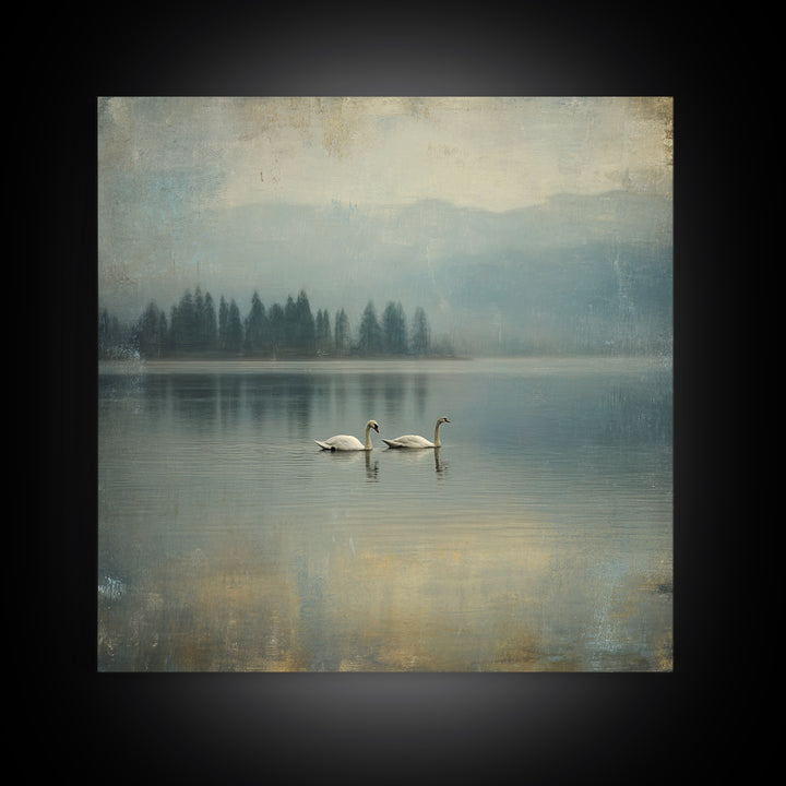 Paired Swans in a Dreamy Painterly Lake Framed Canvas Print, Above Bed Art, Boho Decor, Bedroom Decor, Oil Painting, Serenity, ABA-1x1-46