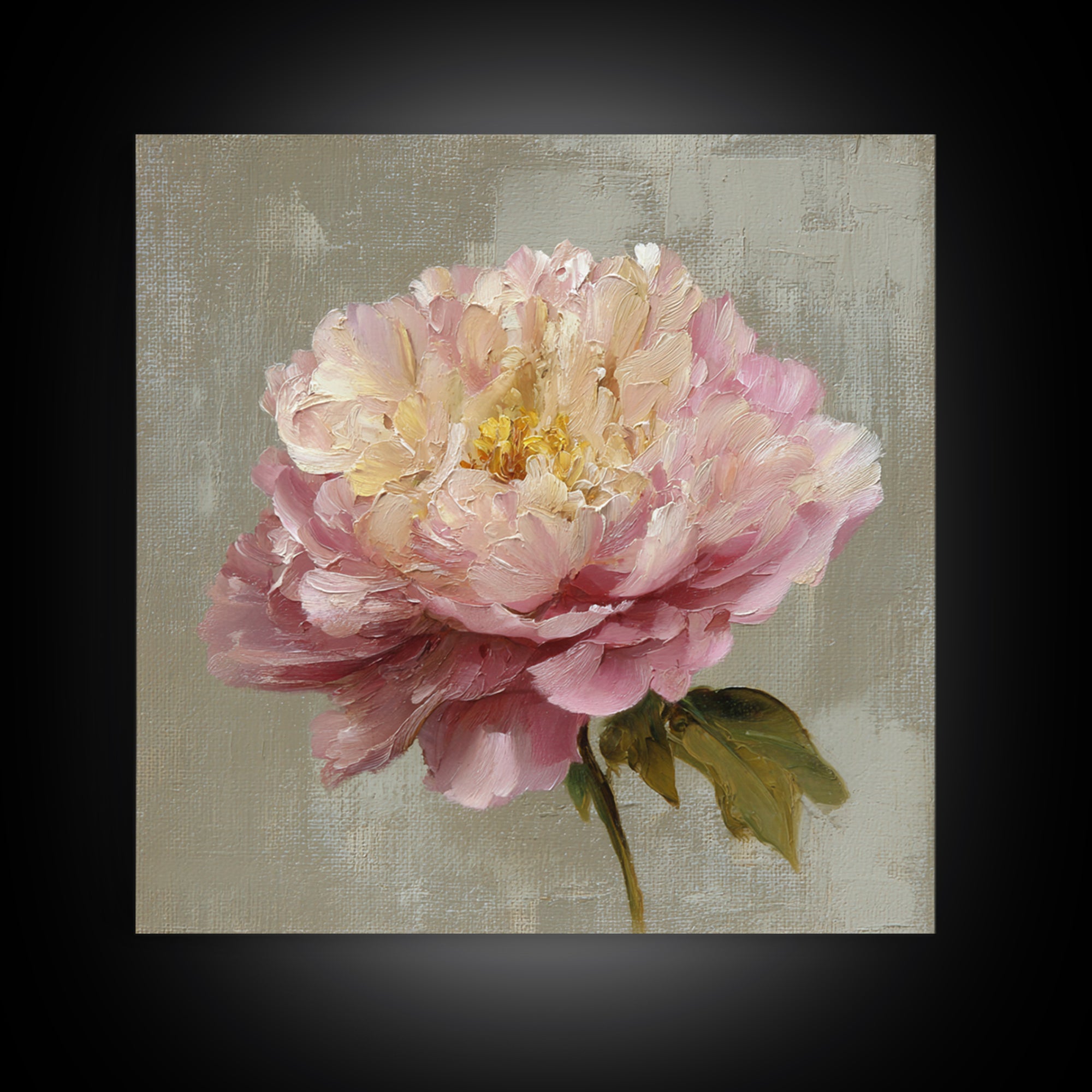 Romantic Oversized Peony Bloom on Warm Linen Canvas Print, Above Bed Art, Western Decor, Bedroom Decor, Abstract Art, Serenity, ABA-1x1-50