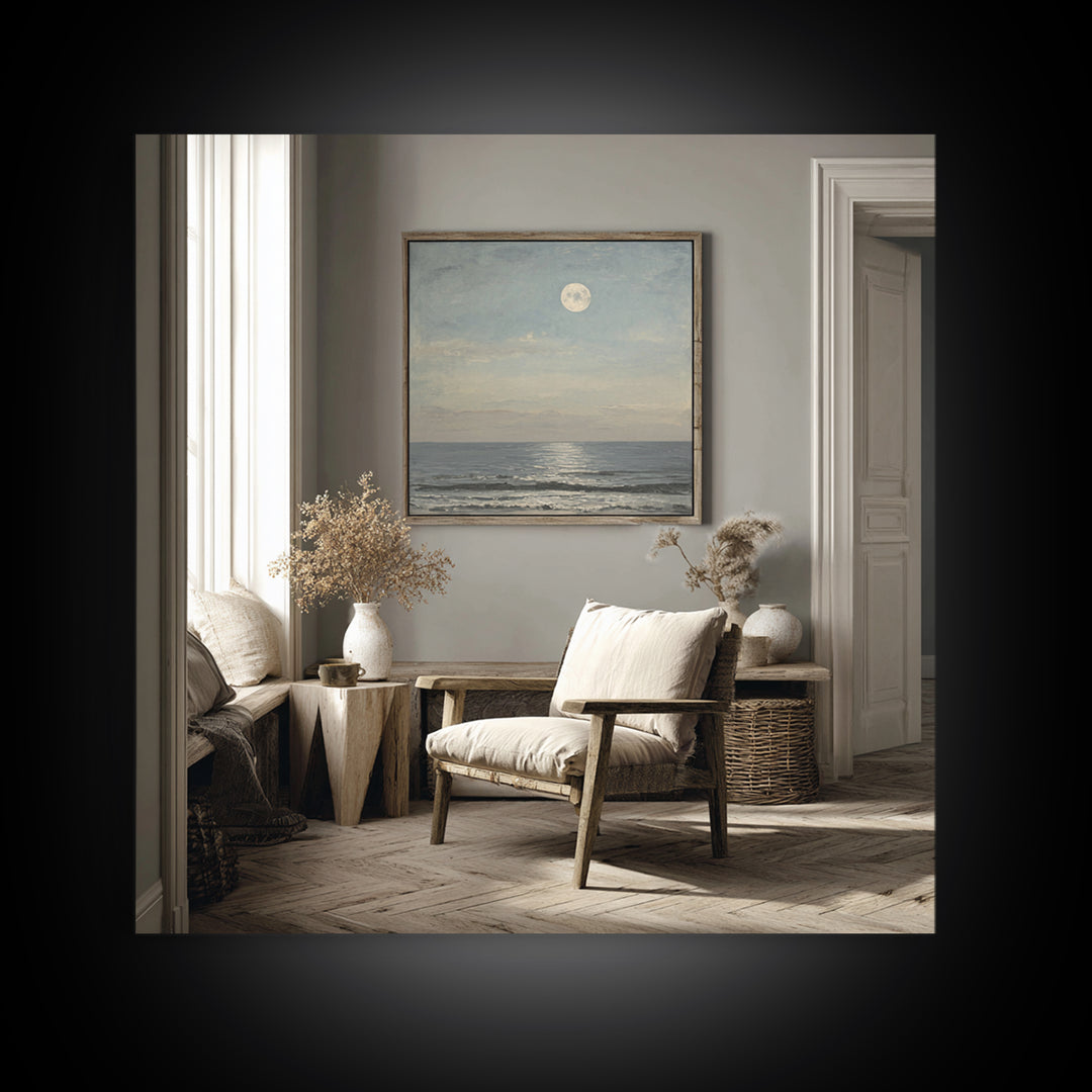 Quiet Moon over a Calm Ocean Horizon Framed Canvas Print, Above Bed Art, Bedroom Wall Art, Bedroom Decor, Fine Art, Serenity, ABA-1x1-51