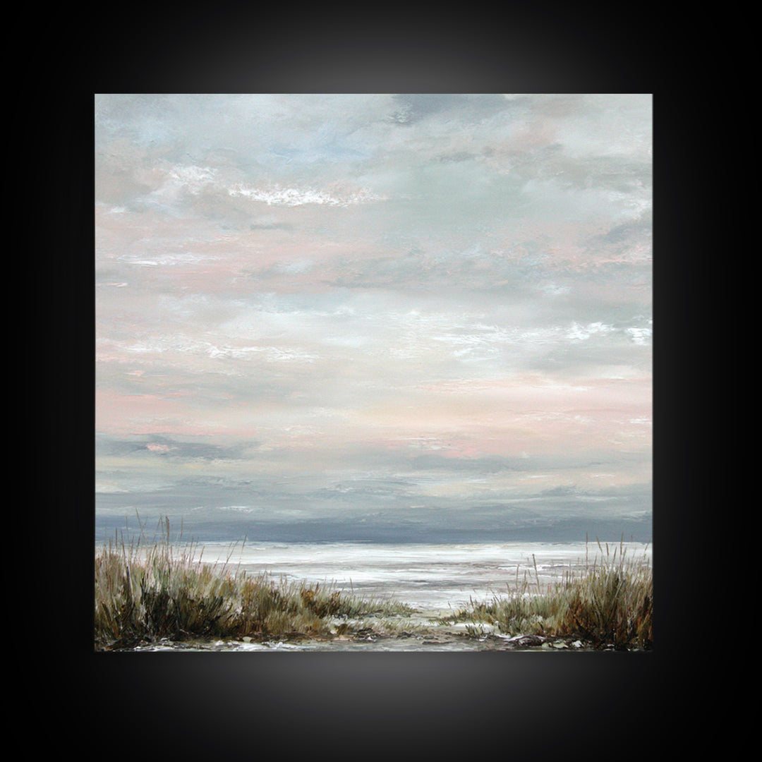 Tranquil Cloudscape with Blush Undertones Framed Canvas Print, Above Bed Art, Modern Decor, Bedroom Decor, Fine Art, Serenity, ABA-1x1-53