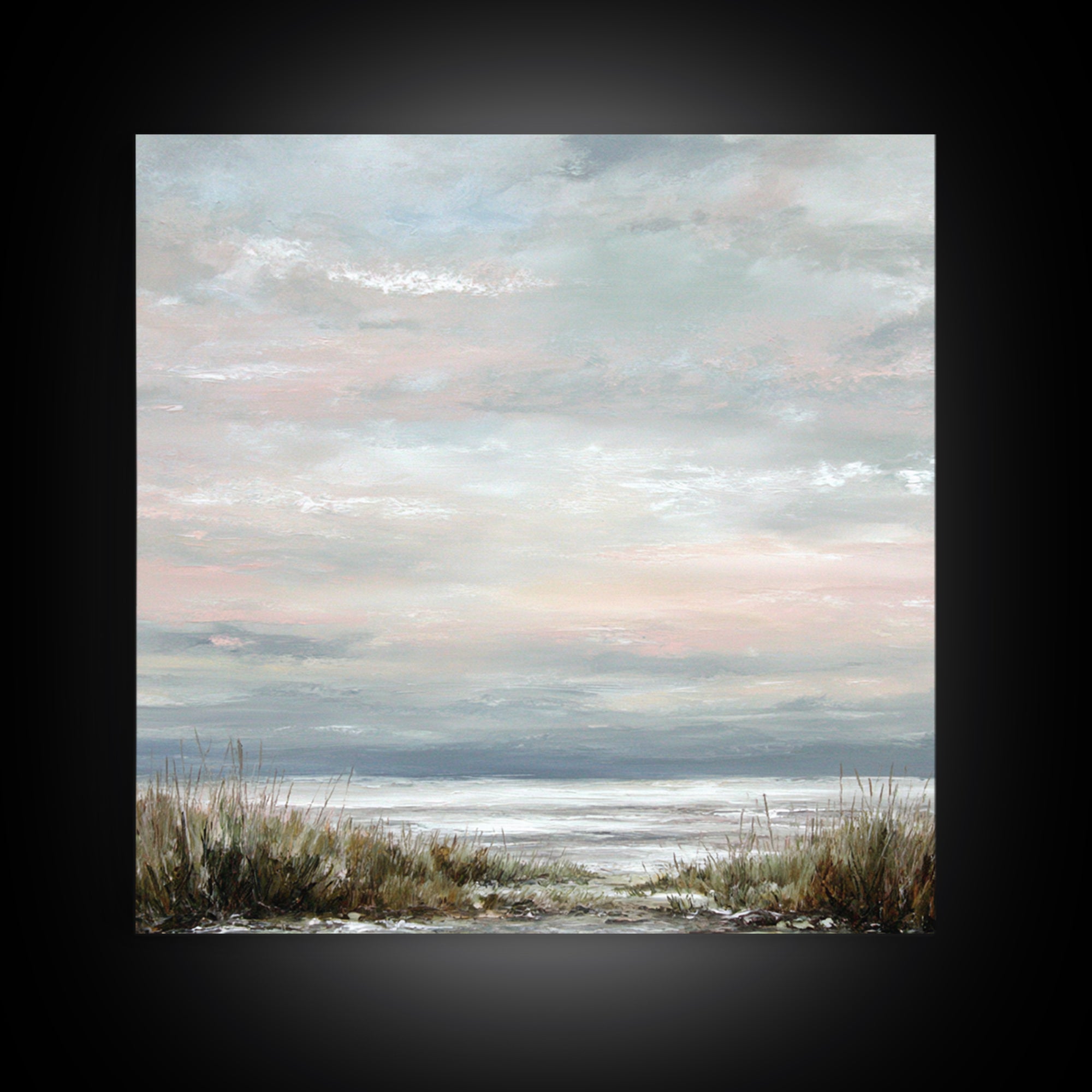 Tranquil Cloudscape with Blush Undertones Framed Canvas Print, Above Bed Art, Modern Decor, Bedroom Decor, Fine Art, Serenity, ABA-1x1-53