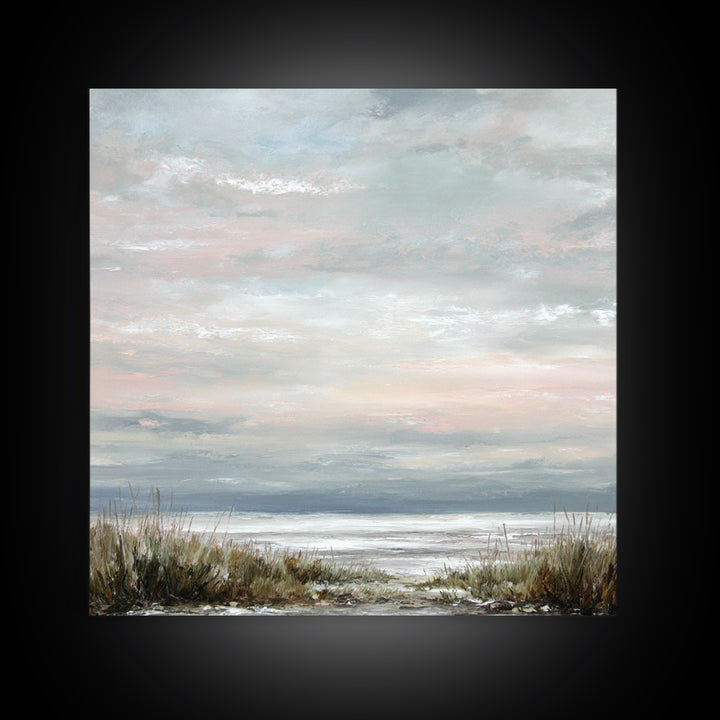 Tranquil Cloudscape with Blush Undertones Framed Canvas Print, Above Bed Art, Modern Decor, Bedroom Decor, Fine Art, Serenity, ABA-1x1-53