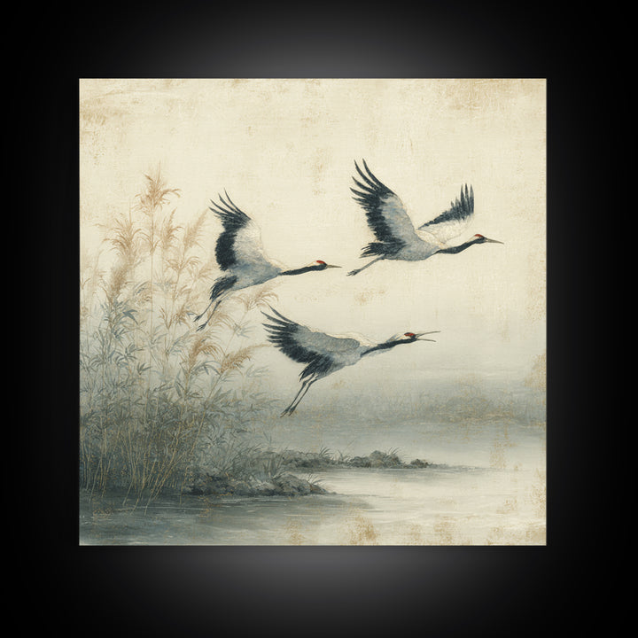 Ethereal Cranes Flying Through Pale Morning Mist Canvas Print, Above Bed Art, Fine Art Print, Bedroom Decor, Serenity, ABA-1x1-57