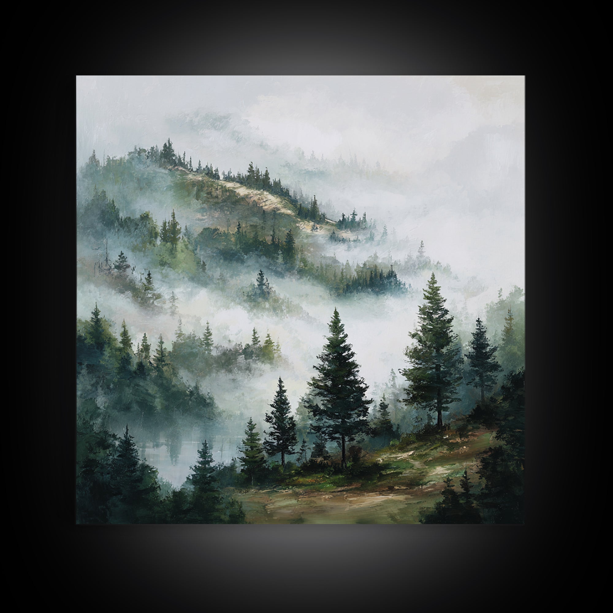 Quiet Forest Ridge Softened by Fog Framed Canvas Print, Above Bed Art, Bedroom Wall Art, Bedroom Decor, Fine Art, Serenity, ABA-1x1-62