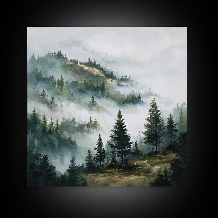 Quiet Forest Ridge Softened by Fog Framed Canvas Print, Above Bed Art, Bedroom Wall Art, Bedroom Decor, Fine Art, Serenity, ABA-1x1-62