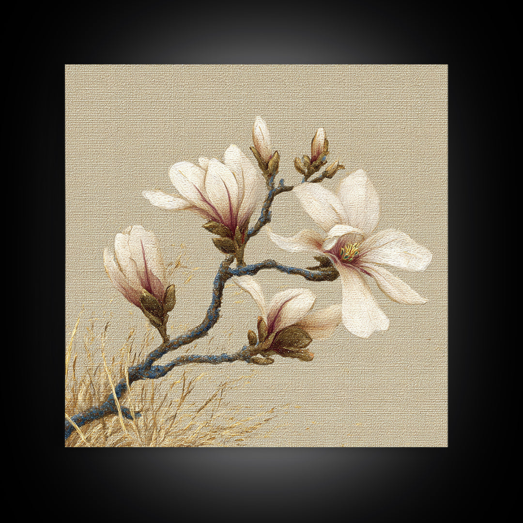 Delicate Magnolia Branch on Cream Background Framed Canvas Print, Above Bed Art, Boho Wall Art, Bedroom Decor, Watercolor Art, ABA-1x1-64