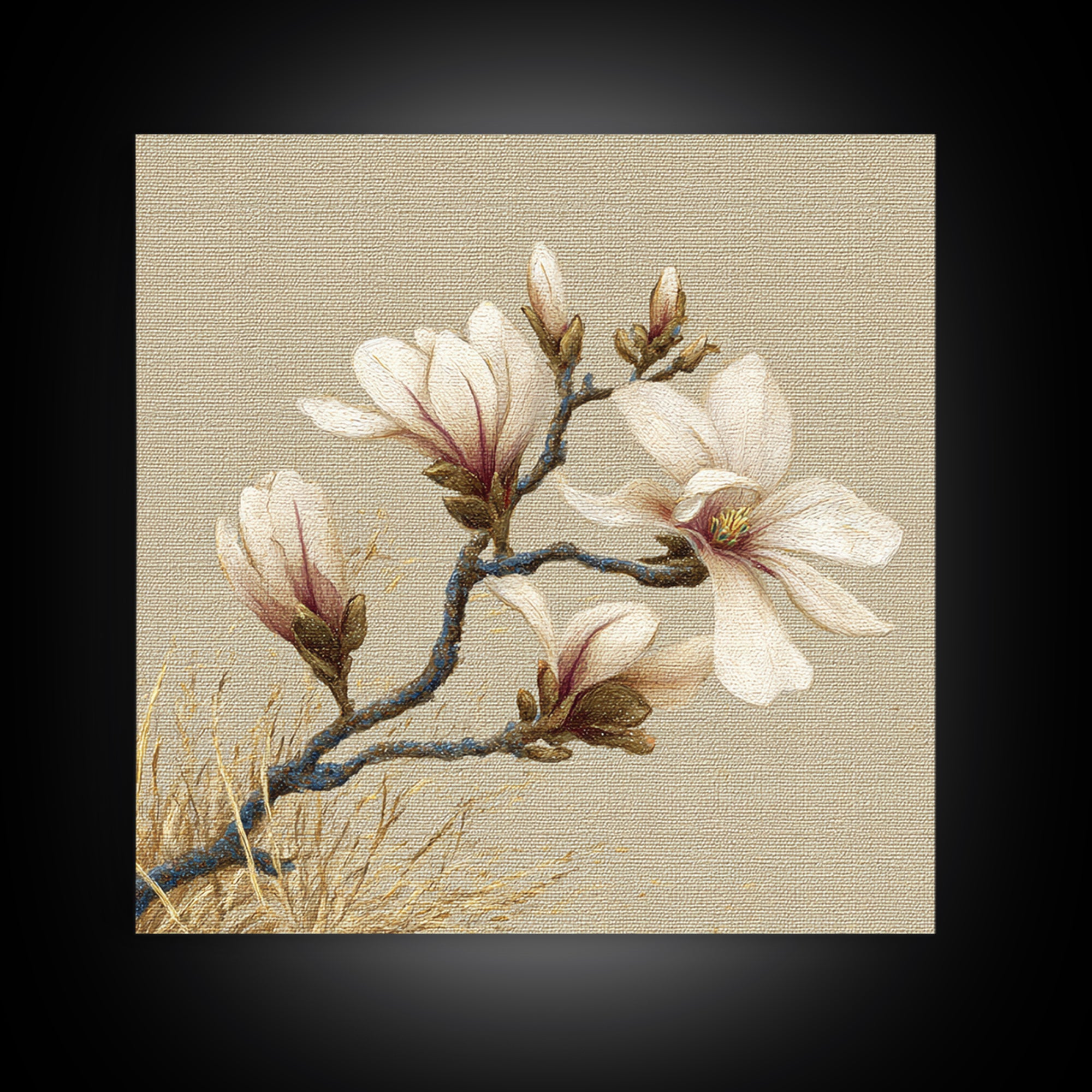 Delicate Magnolia Branch on Cream Background Framed Canvas Print, Above Bed Art, Boho Wall Art, Bedroom Decor, Watercolor Art, ABA-1x1-64