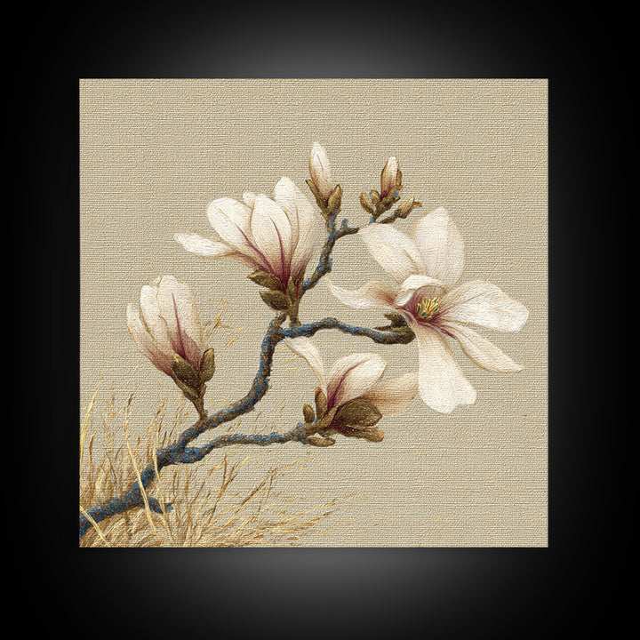 Delicate Magnolia Branch on Cream Background Framed Canvas Print, Above Bed Art, Boho Wall Art, Bedroom Decor, Watercolor Art, ABA-1x1-64