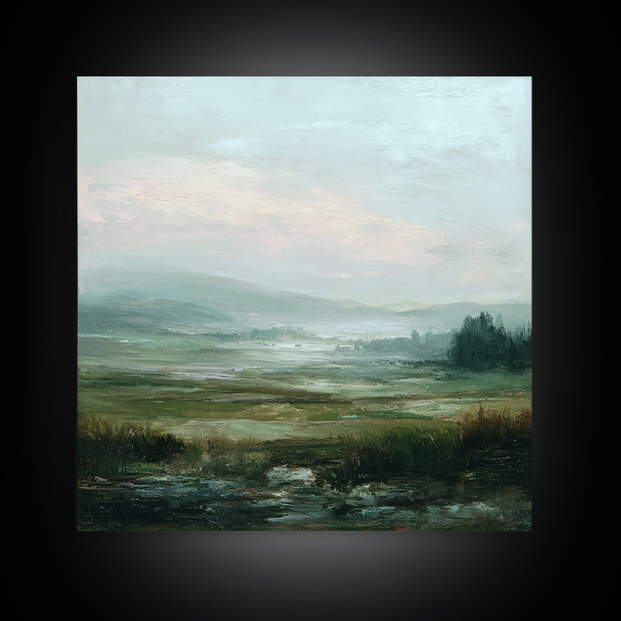 Soft Romantic Landscape Framed Canvas Print, Above Bed Art, Home Decor, Bedroom Decor, Oil Painting, Serenity, Contemporary Art, ABA-1x1-65