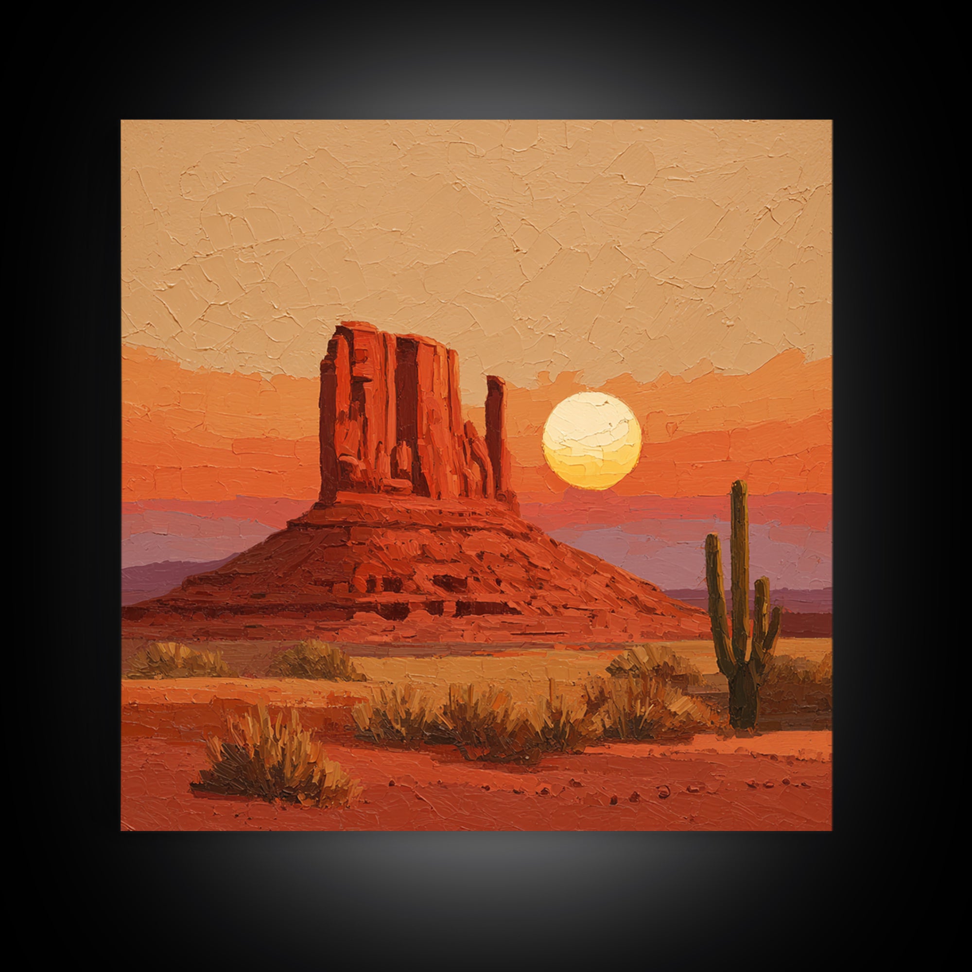 Dreamy Desert Sunset Framed Canvas Print, Above Bed Art, Bedroom Decor, Oil Painting, Serenity, Boho Decor, Western Decor, ABA-1x1-7
