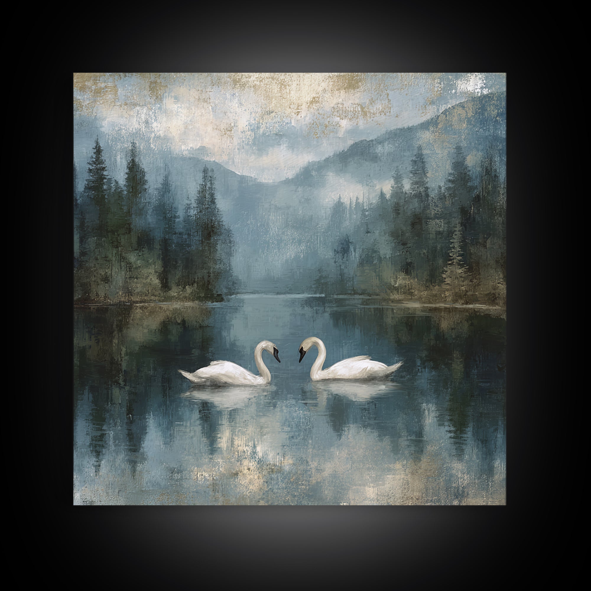 Paired Swans in a Dreamy Painterly Lake Framed Canvas Print, Above Bed Art, Boho Decor, Bedroom Decor, Oil Painting, Serenity, ABA-1x1-70