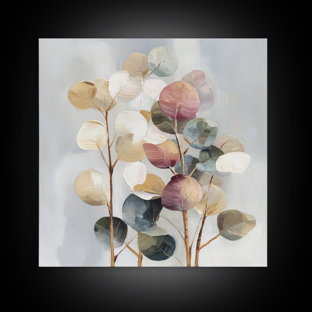 Soft Eucalyptus Branches Arranged Symmetrically Framed Canvas Print, Above Bed Art, Home Decor, Bedroom Decor, Serenity, ABA-1x1-78