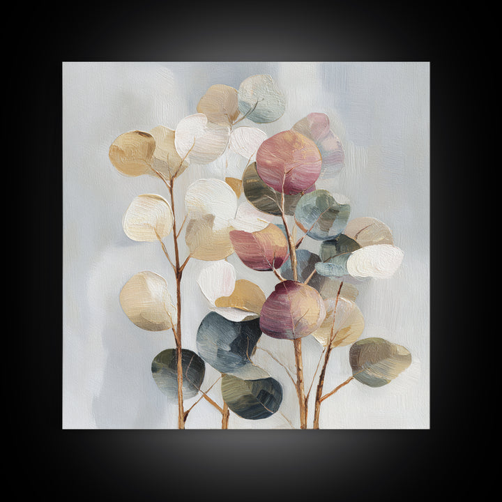 Soft Eucalyptus Branches Arranged Symmetrically Framed Canvas Print, Above Bed Art, Home Decor, Bedroom Decor, Serenity, ABA-1x1-78