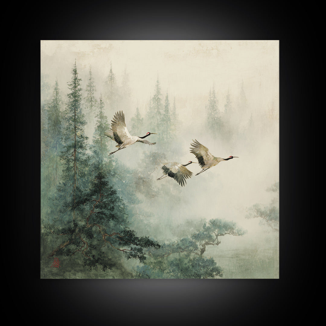 Ethereal Cranes Flying Through Pale Morning Mist Canvas Print, Above Bed Art, Textured Painting, Bedroom Decor, Serenity, ABA-1x1-81