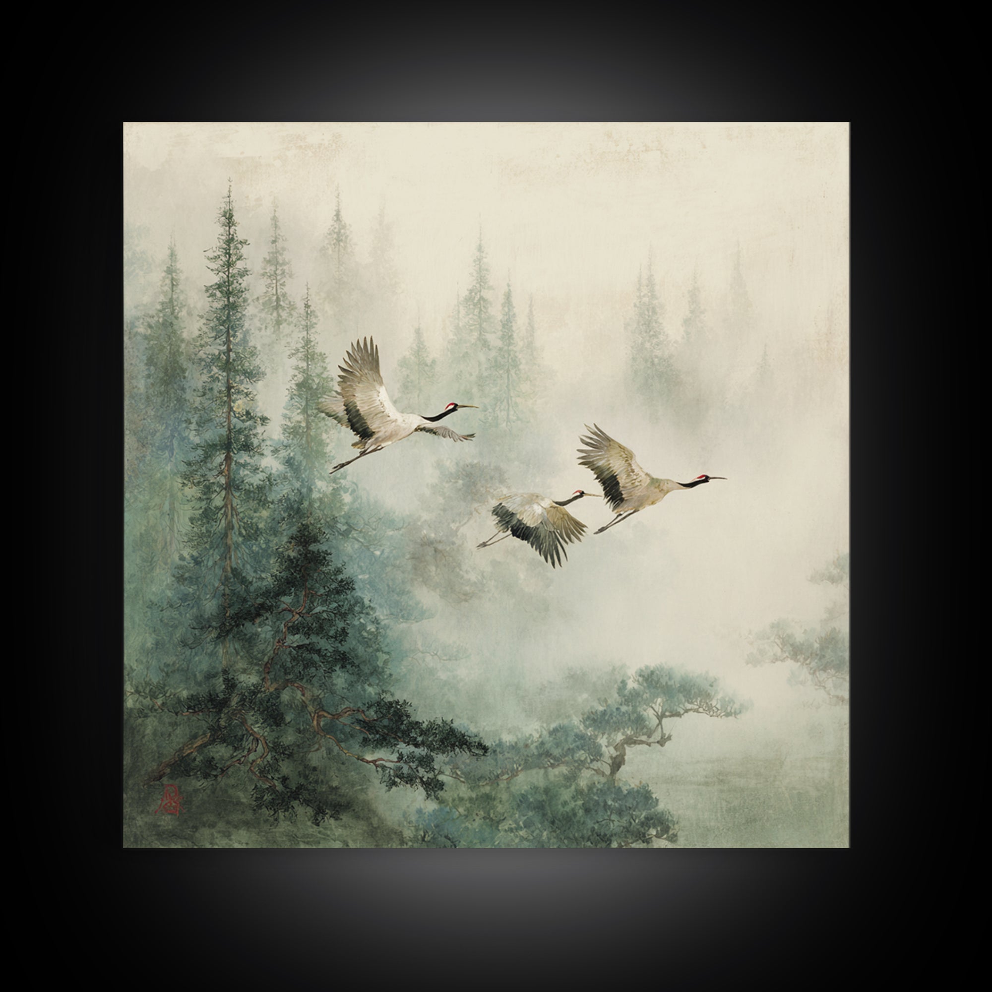 Ethereal Cranes Flying Through Pale Morning Mist Canvas Print, Above Bed Art, Textured Painting, Bedroom Decor, Serenity, ABA-1x1-81