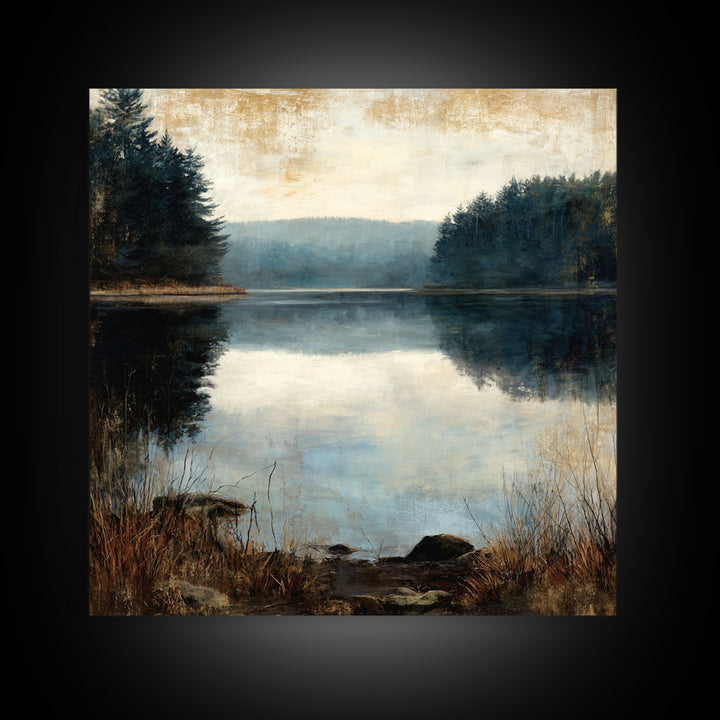 Calming Lake Reflection Framed Canvas Print, Above Bed Art, Fine Art Print, Bedroom Decor, Oil Painting, Serenity, Digital Art, ABA-1x1-83