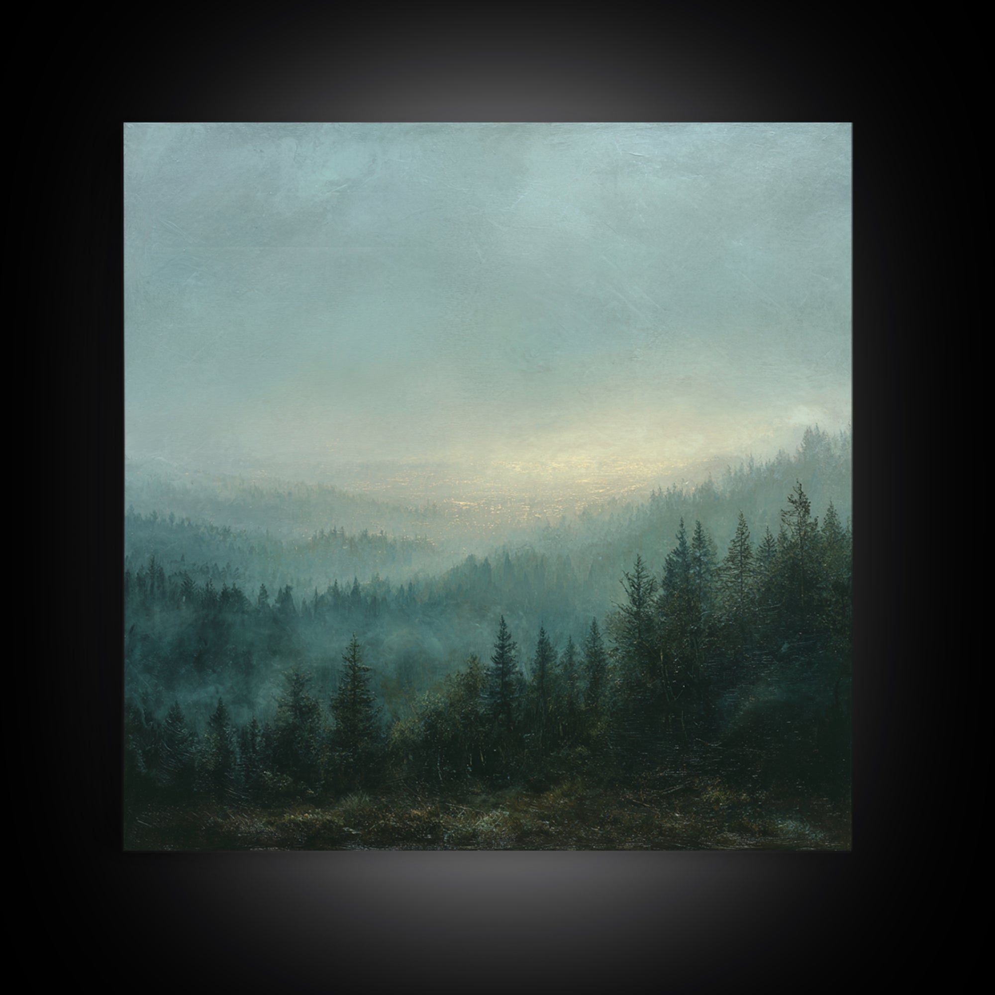 Quiet Forest Ridge Softened by Fog Canvas Print, Above Bed Art, Neutral Decor, Bedroom Decor, Oil Painting, Serenity, ABA-1x1-86