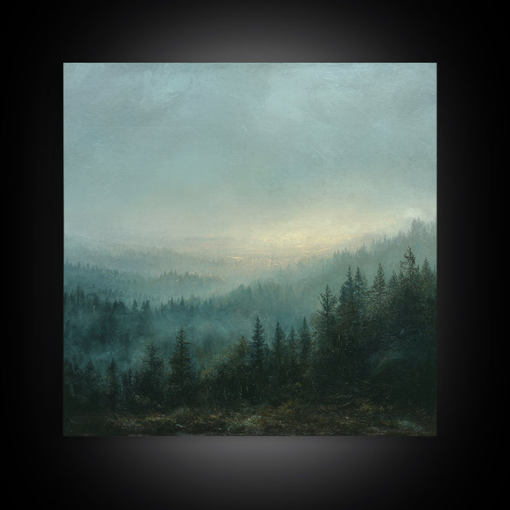 Quiet Forest Ridge Softened by Fog Canvas Print, Above Bed Art, Neutral Decor, Bedroom Decor, Oil Painting, Serenity, ABA-1x1-86