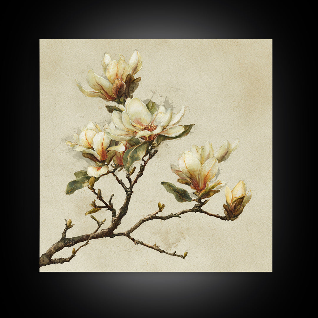 Delicate Magnolia Branch on Cream Background Canvas Print, Above Bed Art, Textured Painting, Bedroom Decor, Serenity, ABA-1x1-88