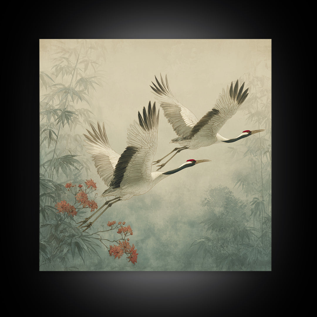 Ethereal Cranes Flying Through Pale Morning Mist Canvas Print, Above Bed Art, Bedroom Wall Decor, Bedroom Decor, Serenity, ABA-1x1-9