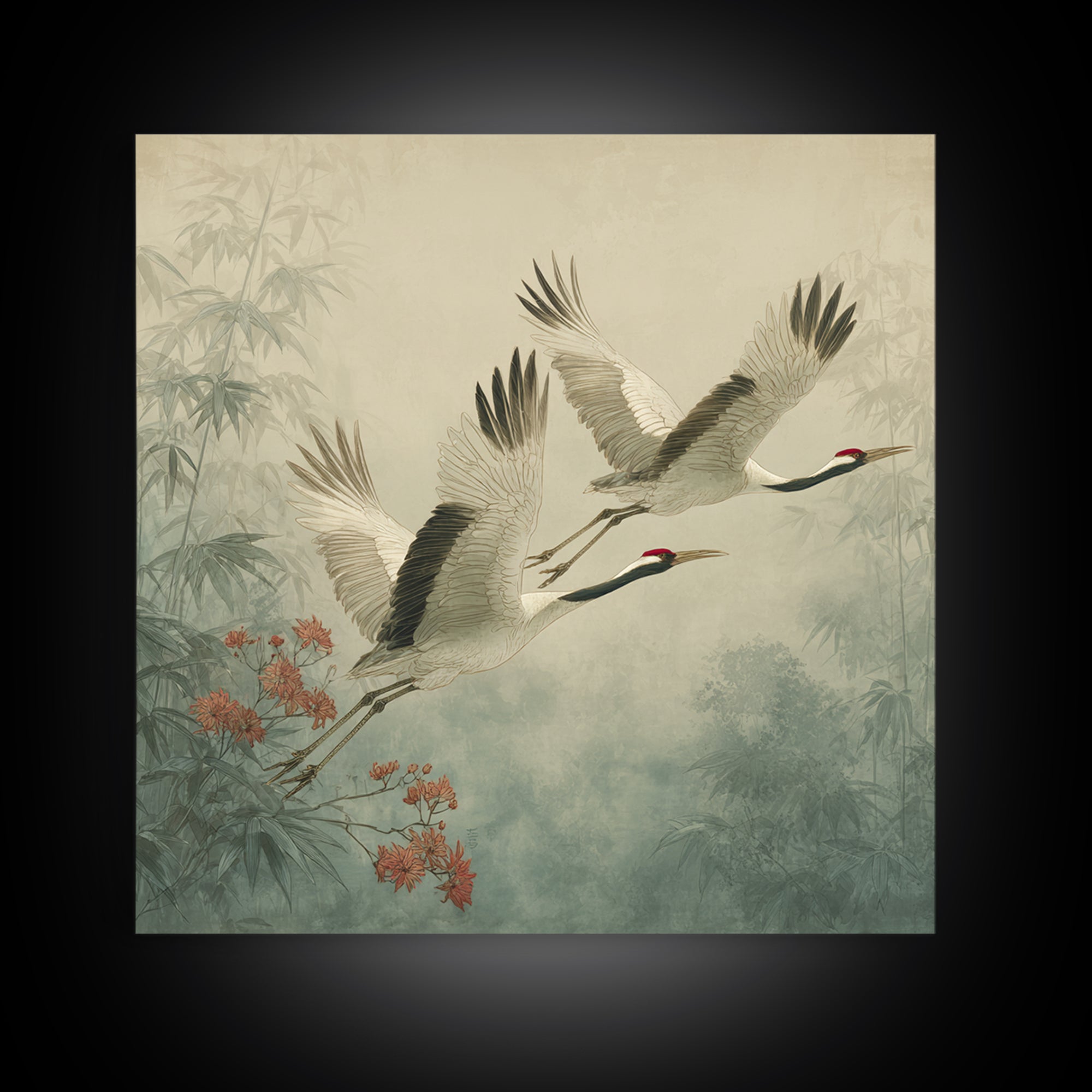 Ethereal Cranes Flying Through Pale Morning Mist Canvas Print, Above Bed Art, Bedroom Wall Decor, Bedroom Decor, Serenity, ABA-1x1-9