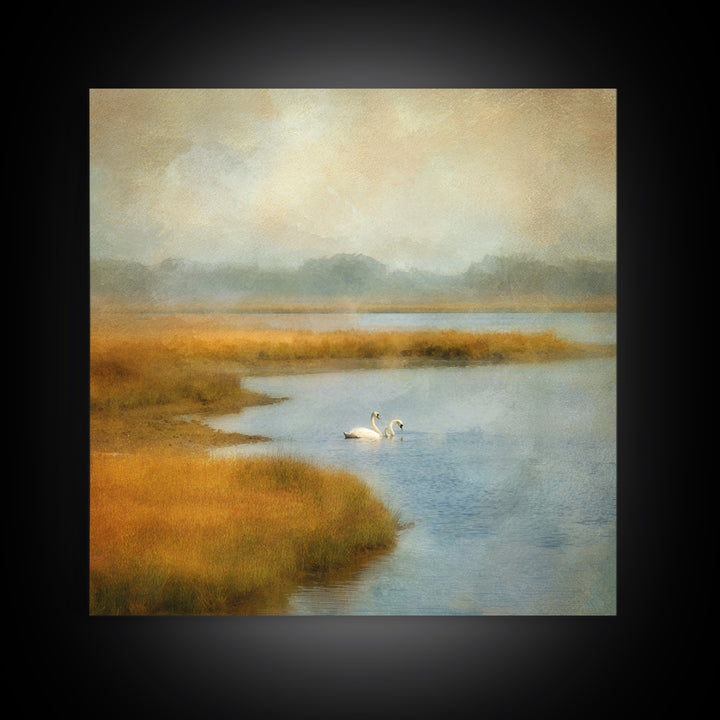 Paired Swans in a Dreamy Painterly Lake Canvas Print, Above Bed Art, Bedroom Wall Decor, Bedroom Decor, Fine Art, Serenity, ABA-1x1-94