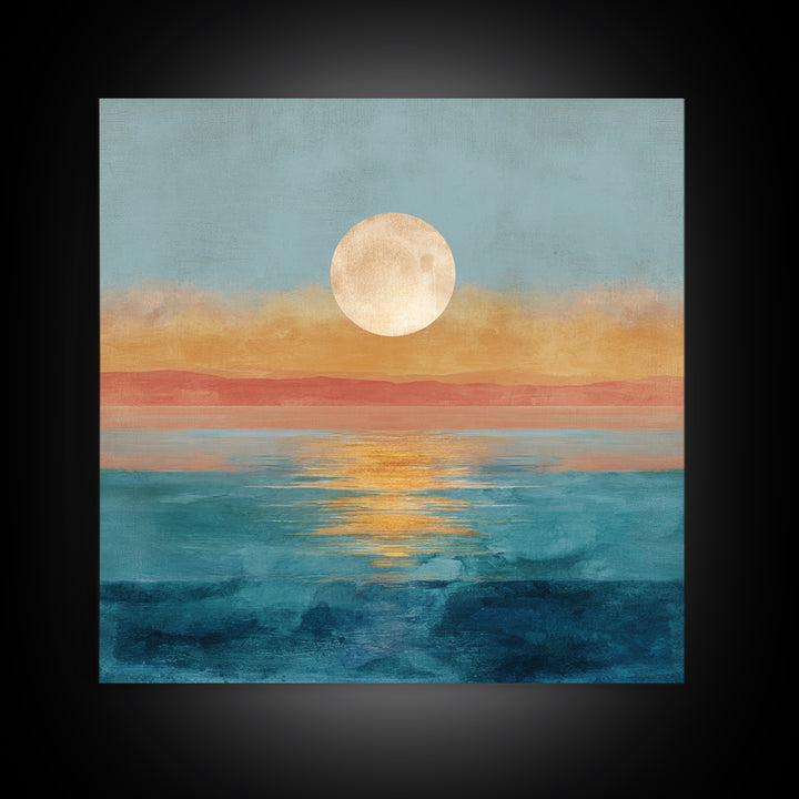 Quiet Moon over a Calm Ocean Horizon Canvas Print, Above Bed Art, Wall Art, Bedroom Decor, Oil Painting, Serenity, ABA-1x1-99