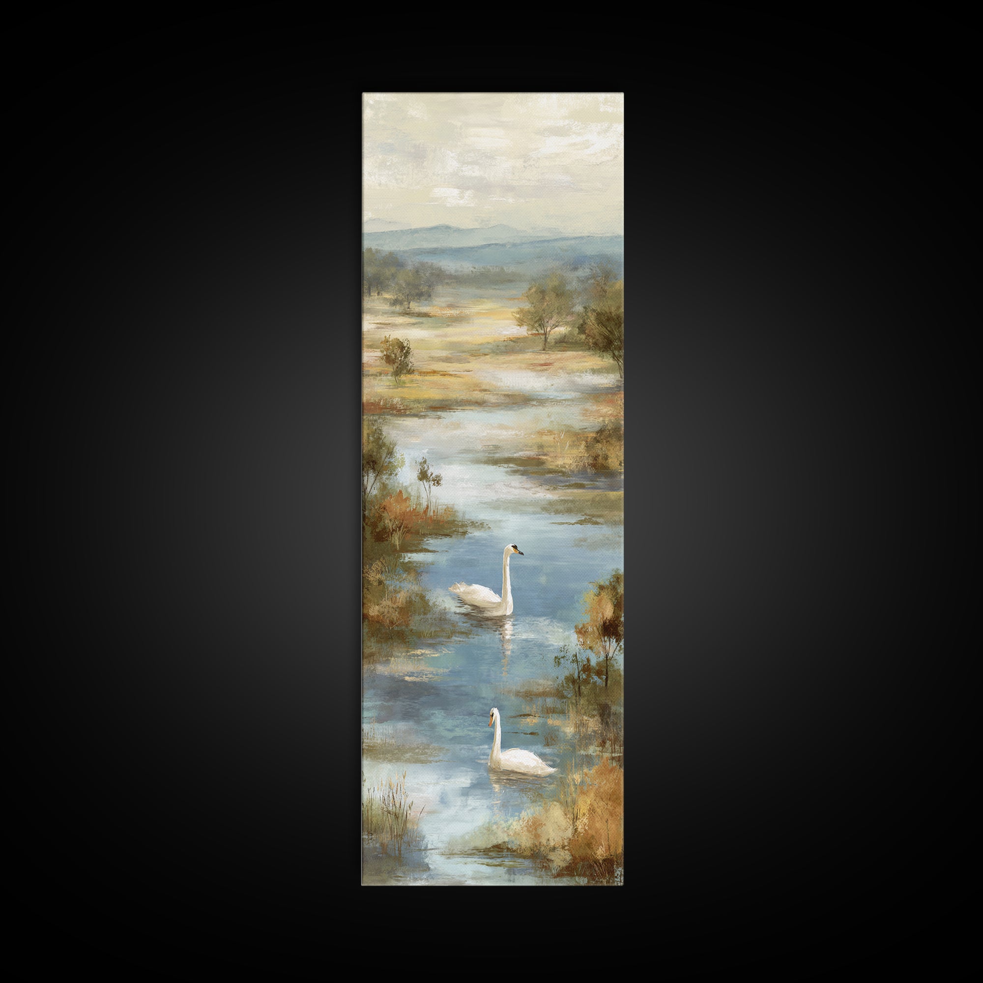 Paired Swans in a Dreamy Painterly Lake Canvas Print, Above Bed Art, Dopamine Decor, Bedroom Decor, Fine Art, Serenity, ABA-1x3-10
