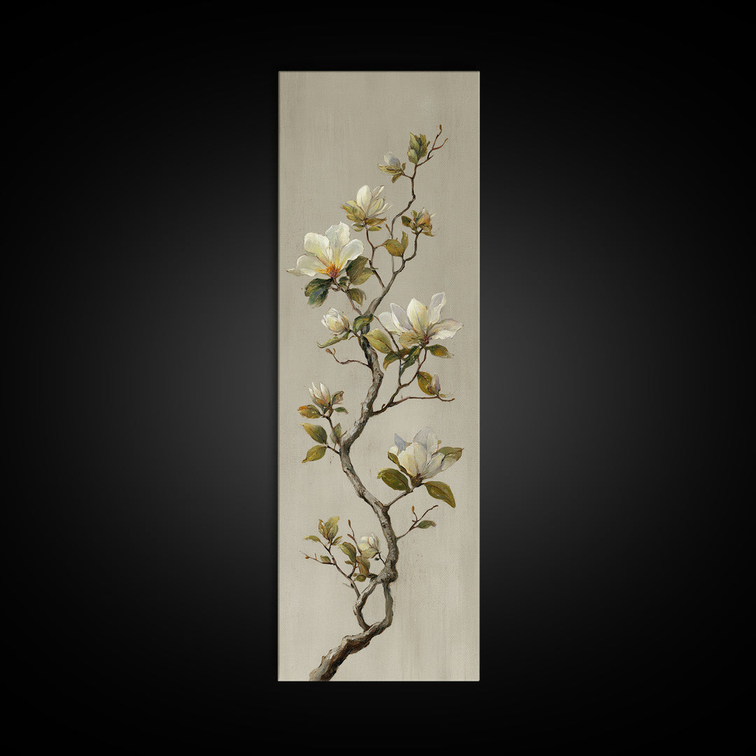 Delicate Magnolia Branch on Cream Background Canvas Print, Above Bed Art, Horizontal Wall Art, Bedroom Decor, Oil Painting, ABA-1x3-100