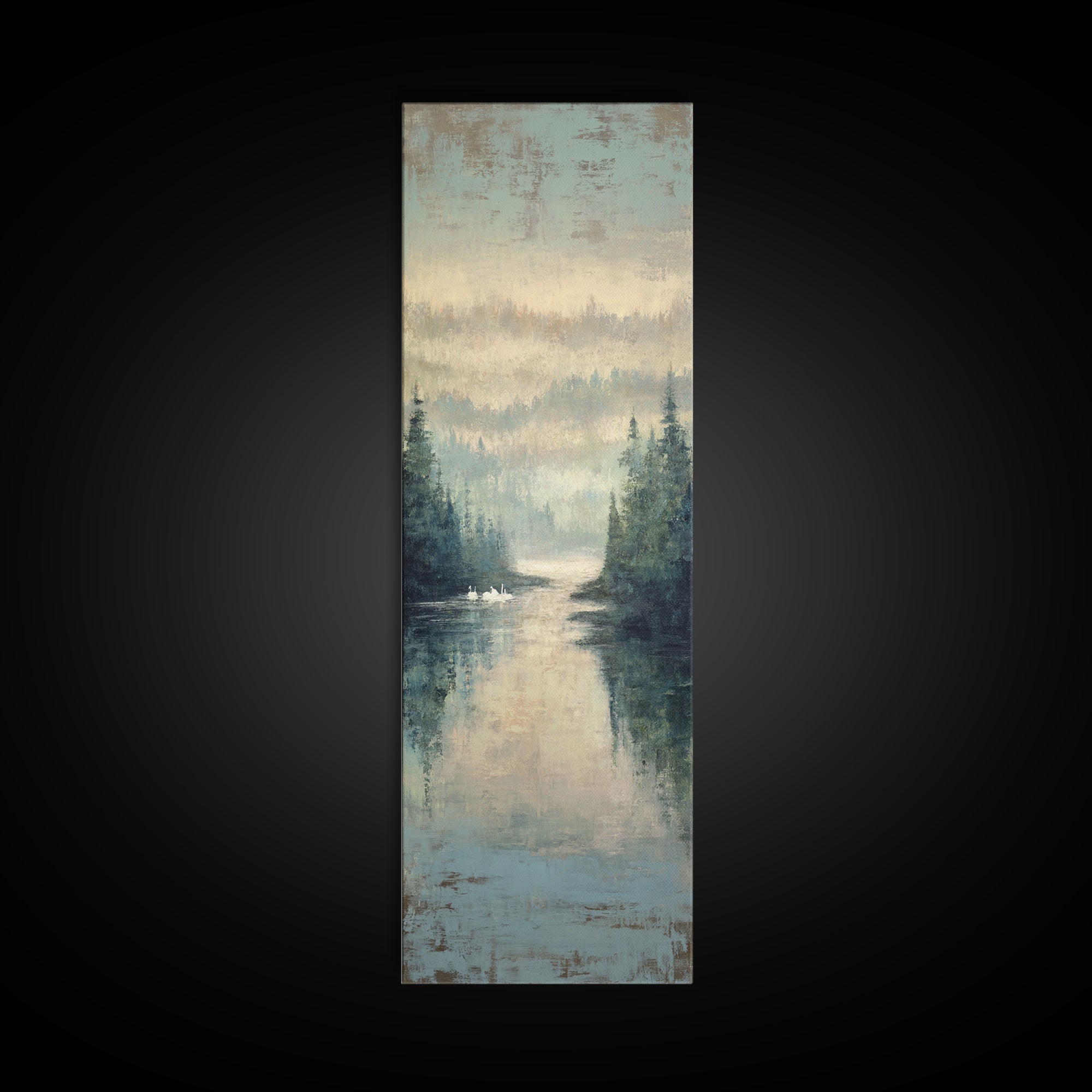 Paired Swans in a Dreamy Painterly Lake Canvas Print, Above Bed Art, Living Room Wall Art, Bedroom Decor, Serenity, Wall Decor, ABA-1x3-34