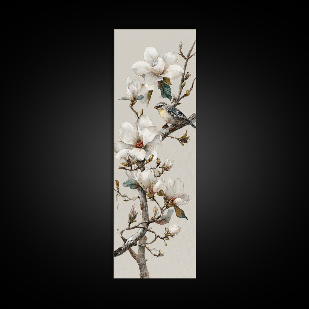 Delicate Magnolia Branch on Cream Background Framed Canvas Print, Above Bed Art, Modern Decor, Bedroom Decor, Oil Painting, ABA-1x3-4