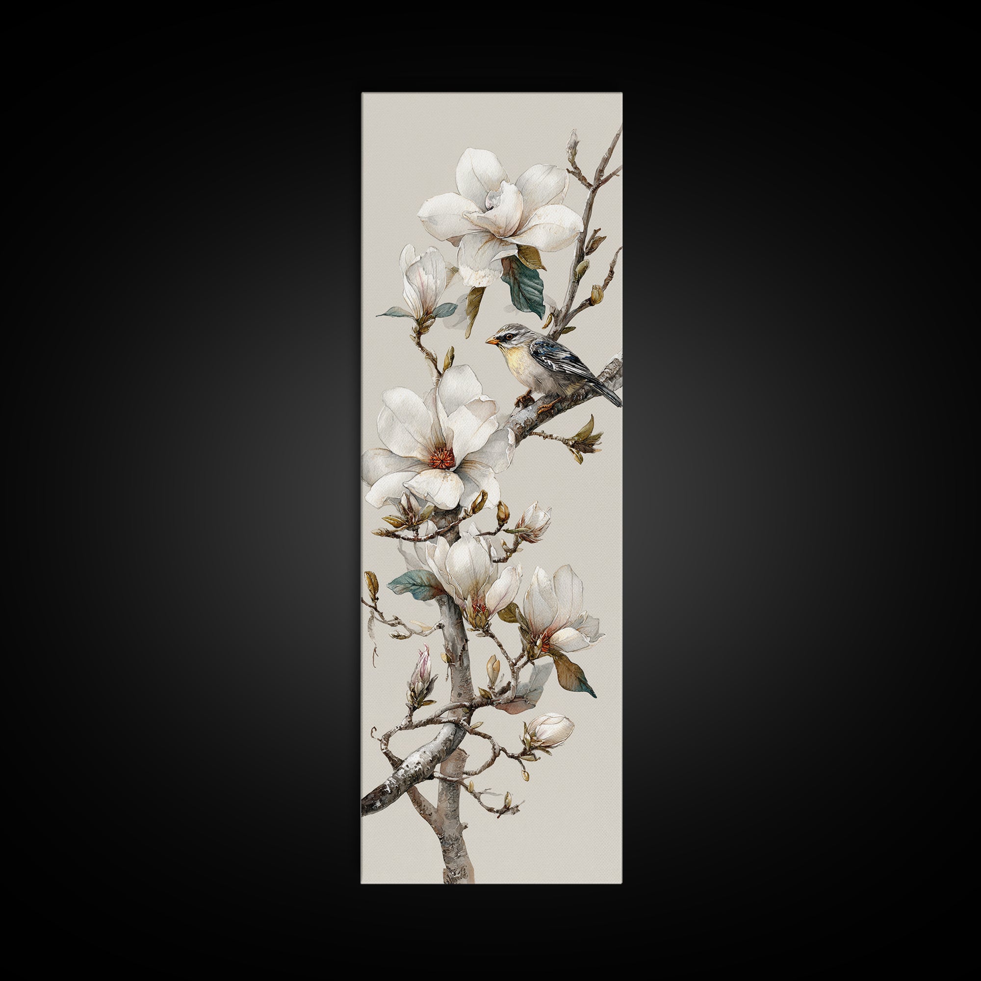 Delicate Magnolia Branch on Cream Background Framed Canvas Print, Above Bed Art, Modern Decor, Bedroom Decor, Oil Painting, ABA-1x3-4
